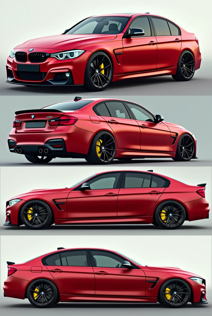 Realistic HD photo from different angles of BMW 320i 2014 model, matte red color with slightly dark golden rims and yellow calipers