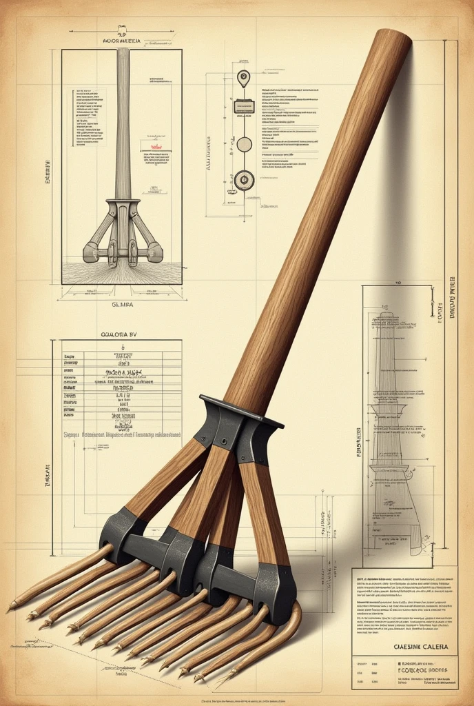 Cangalho Project:
- "Detailed technical drawing of a cangalho, showing the dimensions, materials (wood and steel) and the connection points, with a background that simulates a technical drawing board.