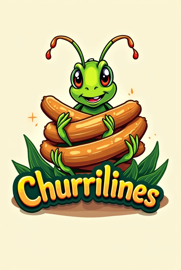 Logo for a grasshopper churritos business where the grasshopper is hugging the churritos and has the name CHURRILINES