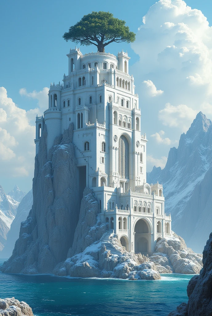 Create a fortress city on an island mountainous with a huge rock, the fortress is white as snow, a huge structure, at its top there is a type of tree but that completes the structure to continue with more structures on top.
the fortress has many windows, a magnificent staircase, at the root of the island there are two passages that can be trained
this fortress then inside the mountain that is in the middle of the ocean