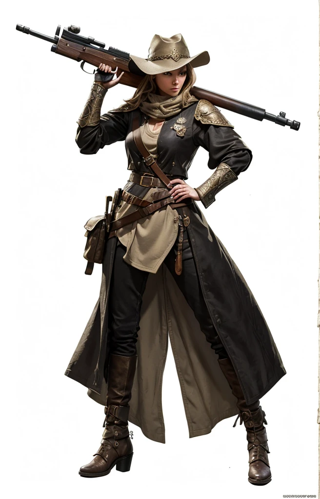 A country Caucasian woman in a mid riff black coat and large sun hat holding a rifle gun over shoulder, exact same gun, with a medieval ace on her right side hip, on a white stoned city street in a small village, rpg concept art character, female medieval fantasy bounty hunter, western concept art, rpg character concept art, fashionable rpg clothing, female ranger medieval captain, rpg character art, rpg portrait full body, female lead character, beautiful full body concept art, (realistic, photo-realistic:1.37), (insanely detailed:1.3), 8k, (masterpiece), (best quality:1.4), (ultra high res:1.2), (RAW photo:1.2), professional lighting, cinematic realism