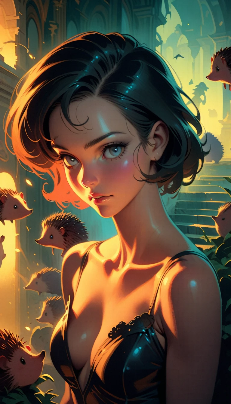 ((best quality)) , ((masterpiece)) , (detailed),illustration art by Dave Stevens and Lillian Bassman, Graceful (Man:1.2) , Multicolor hair styled as Caesar cut, Comic books, graphic novels, retro style, pin-up art, Fashion and art,elegant and sophisticated, innovative use of light and shadow, capturing the glamour of mid-20th century fashion, portrait art by Mary Cassatt, glossy, ambient, Complex, full color, fine artistic composition, enchanted,(((Lots of hedgehogs)))