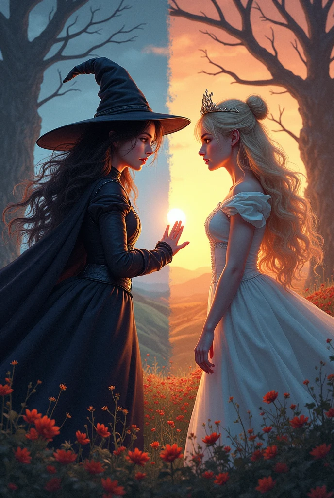 Twins,witch girl and princess they hate each other the background side of princess be beautiful and background side of witch be dark and scary 