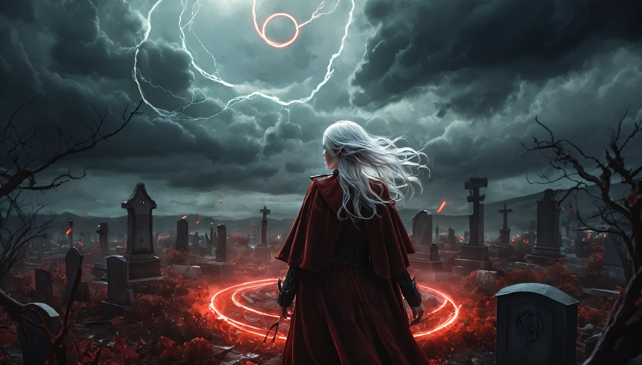 **Prompt em inglês:** *Frieren stands in the middle of an ancient cemetery under a glowing red pentagram circle etched into the ground. Red, pulsating energy flows intensely from the circle, emanating powerful mana that swirls around her. The energy invades two nearby graves, as tendrils of red light snake into the earth. Frieren’s pointed elven ears are visible as she focuses on the magic, her white hair and cloak fluttering in the growing storm. The sky above darkens, with heavy clouds swirling ominously, lightning striking in the distance. The entire scene is infused with red and dark tones, creating a dramatic and ominous atmosphere. Every detail is rendered in hyper-realistic quality, from the eerie red light enveloping the cemetery to the realistic skin textures, shadows, and dynamic storm clouds above.*