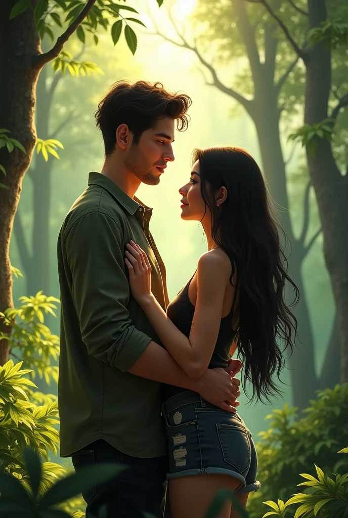 A realistic cool boy with his girlfriend in the forest the girlfriend has black long hair