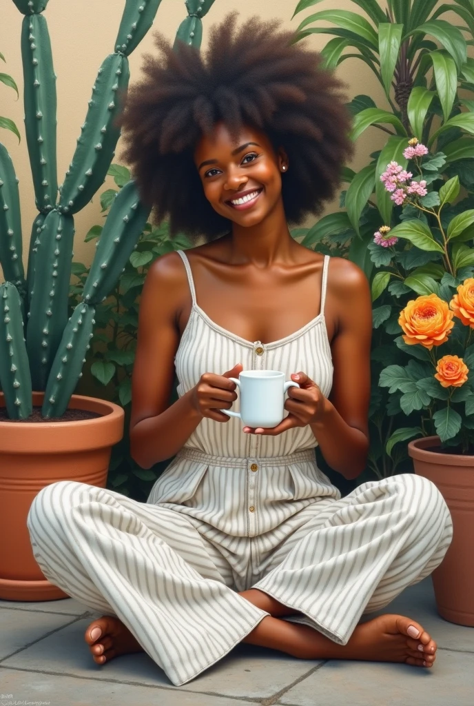 A painting. Serene oil painting, reminiscent of Renoir's style, depicted in soft, impressive brushstrokes of an African American woman with a natural afro, sitting cross-legged in a lush garden surrounded by various plants, including cacti and flowers in pots. She is holding a mug with both hands, enjoying a peaceful moment in the morning or late afternoon. The woman is dressed in a comfortable, sleeveless white jumpsuit with thin stripes, and her expression is content and relaxed. The backgroun
