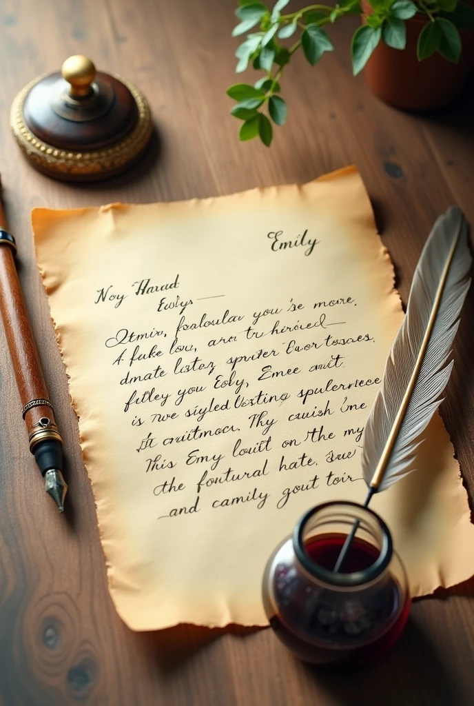 An old, handwritten letter on yellowed paper, with a vintage quill or inkpot nearby. The letter could have elegant, flowing script and be addressed to Emily