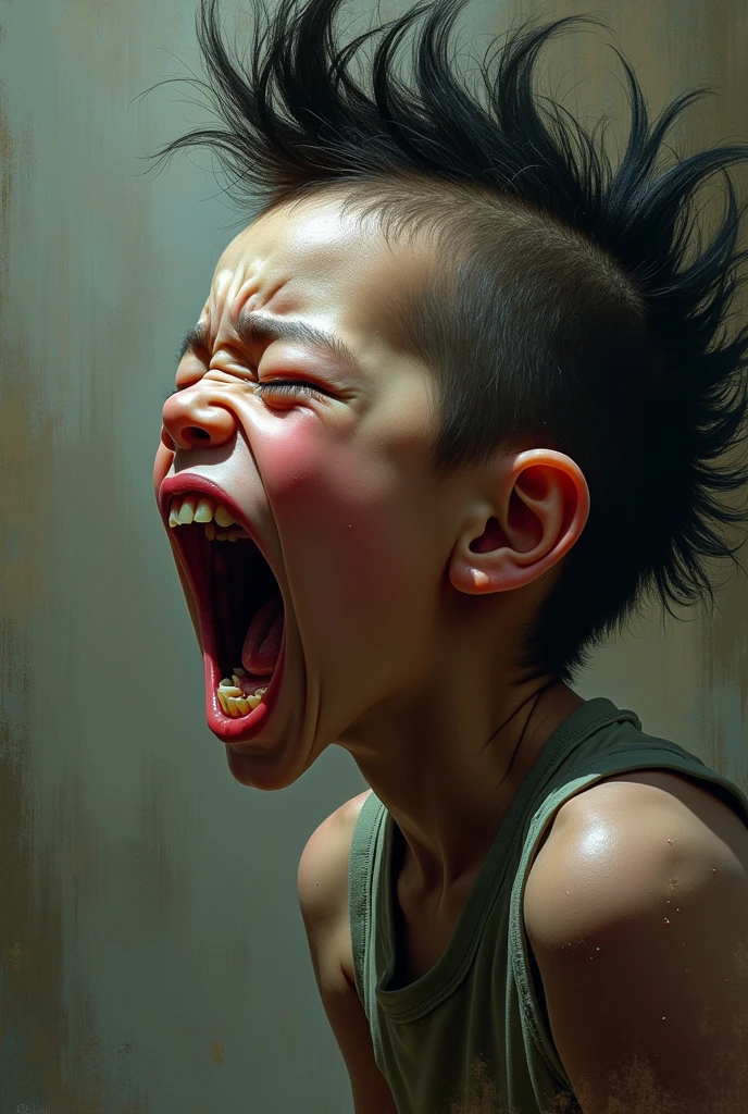 screaming child in profile with spiky mohawk hair
