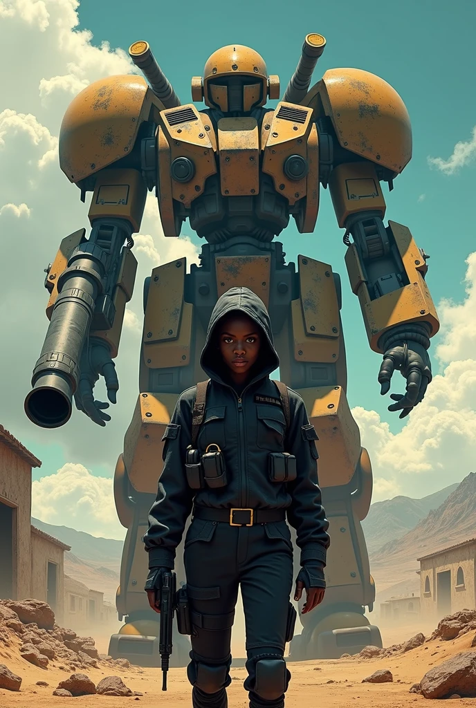 a long shot of a black youg woman dressed like post apocaliptic soldier in black with hood standing in the certer of the image looking defiantly at the camera. Behind you can see a two-meter tall humanoid heavy mecha combat robot with a machine gun on its shoulder. In the background you can see a desert with some semi-destroyed precarious houses and far mountains in the back, under a stormy clouds sky. Colorfull drawing Moebius style. Ultra-detailed image with vivid colors and dramatic cinematic light.