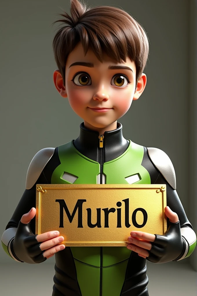 Super realistic Ben 10 holding a gold plate with the name "MURILO"