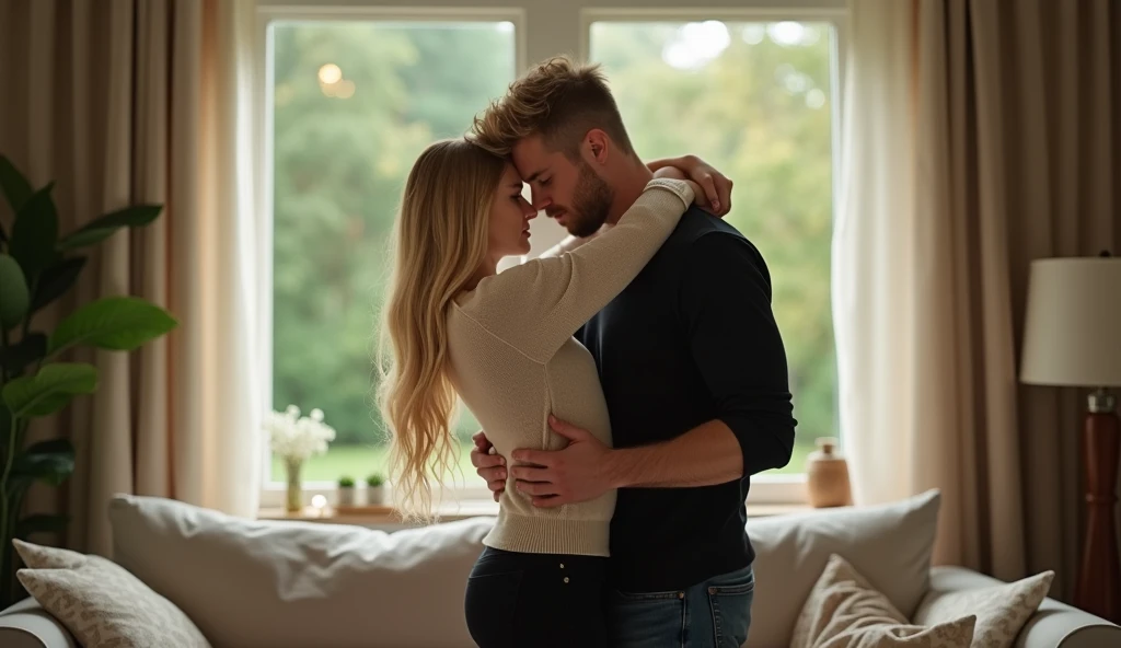 the best photo, the most realistic ,Clareza 4K, american woman , hair blonde liso com o comprimento grande ,18-years old ,light beige cotton sweater with black pants, Delicate face, long hair, ebony skin. The woman and the man are greeting each other ,hugging , they are in a living room, don't look at the camera, at the back there is a large window with a view of trees . 1 American man, hair blonde, Age 22, brawny ,Bblack hair , doesn't have a beard, wearing a black dress shirt, black shoe, and dark jeans