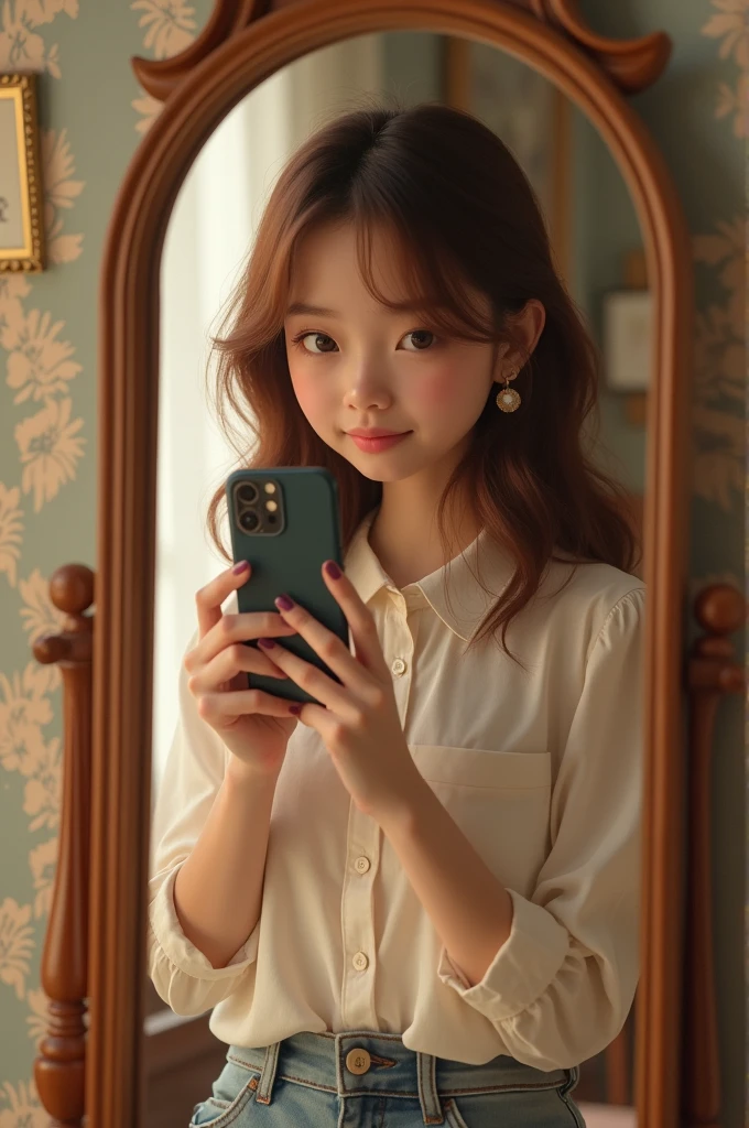 Cute brown-eyed girl with long hair taking a photo with her cell phone in the mirror 
