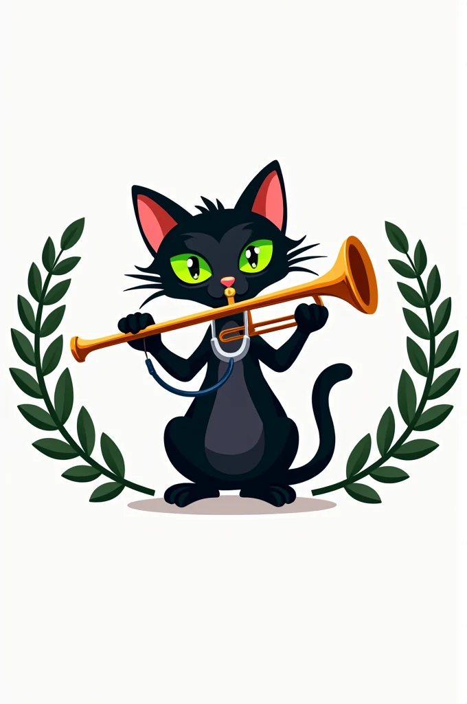 I want a logo with a black cat with green eyes that plays a trumpet and also has a stethoscope and on the sides there are laurels.