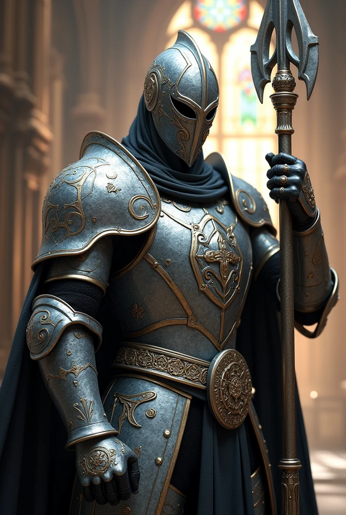 Silver mask，holy paladin，With a spear，Heavy armor
