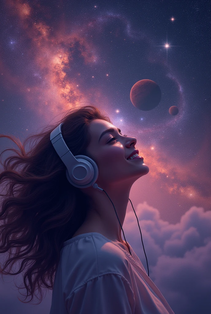 Woman with headphones, Woman Smiling, Universe, Planets, Stars, Galaxies, Woman listening to music, predominantly shades of purple and black