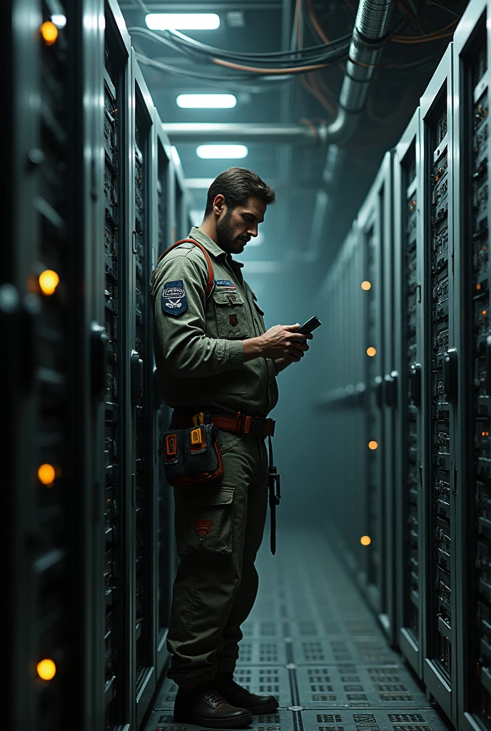 Create a realistic person in a telecom room