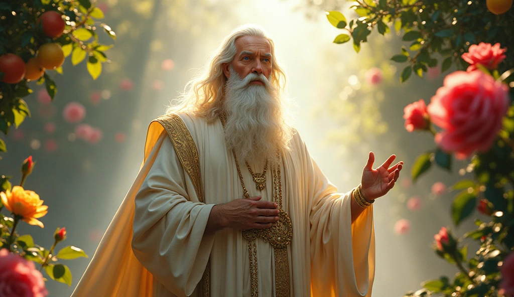 (The best quality,Ultra HD 8K, A high resolution,Ultra - detailed,actual:1.4 ),beautiful enchanted garden of Eden, voluptuous fruit trees in a yellow, red, pink ,(beautiful roses and flower background:1.4 ), score_9, score_8_above, score_7_above, score_6_above, classification_explicit, super gigantic God the Father, ((ancient of days:1.2)), white hair, white beard, white and gold robe full, ((gold linen:1)), (towering height tall over trees, long robe: 1.2),(Face details: 1.5, bright blue eyes, beautiful face, beautiful eyes, iris coating, pale and sharp eyebrows, long, white eyelashes), (perfect hands detailed : 1.5), (( vast and paramount oriental features: 1.6)), ((ultra detailed:1.5)), sensual smile, brillantes., Attractive hair:1.2, ((beautiful and detailed hair., soft and shiny hair:1.3)), warm tone, afternoon sunlight, Ultra-realistic 8K, The portrait, Very detailed 32k digital art, beautiful digital artwork, cyberpunk. ((colors, vegetables, rosa, Brown: 1.2)), Realistic 8k digital art., soft neon lighting on his face and body, ((Very detailed: 1.4), ((masterpiece)), (hyper detailed and beautiful: 1.3), (photorealistic: 1.4),( perfect anatomy), ,(Enchanted garden of Eden background:1.4 ), (dynamic pose), (estilo encaje lioferie white :1.4), (back view, back view),of_DeepNegative_v1_75t