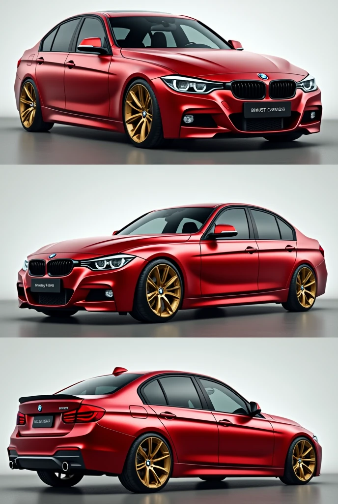 Realistic HD photo from different angles of BMW 320i 2014 model, matte red with gold rims and yellow calipers