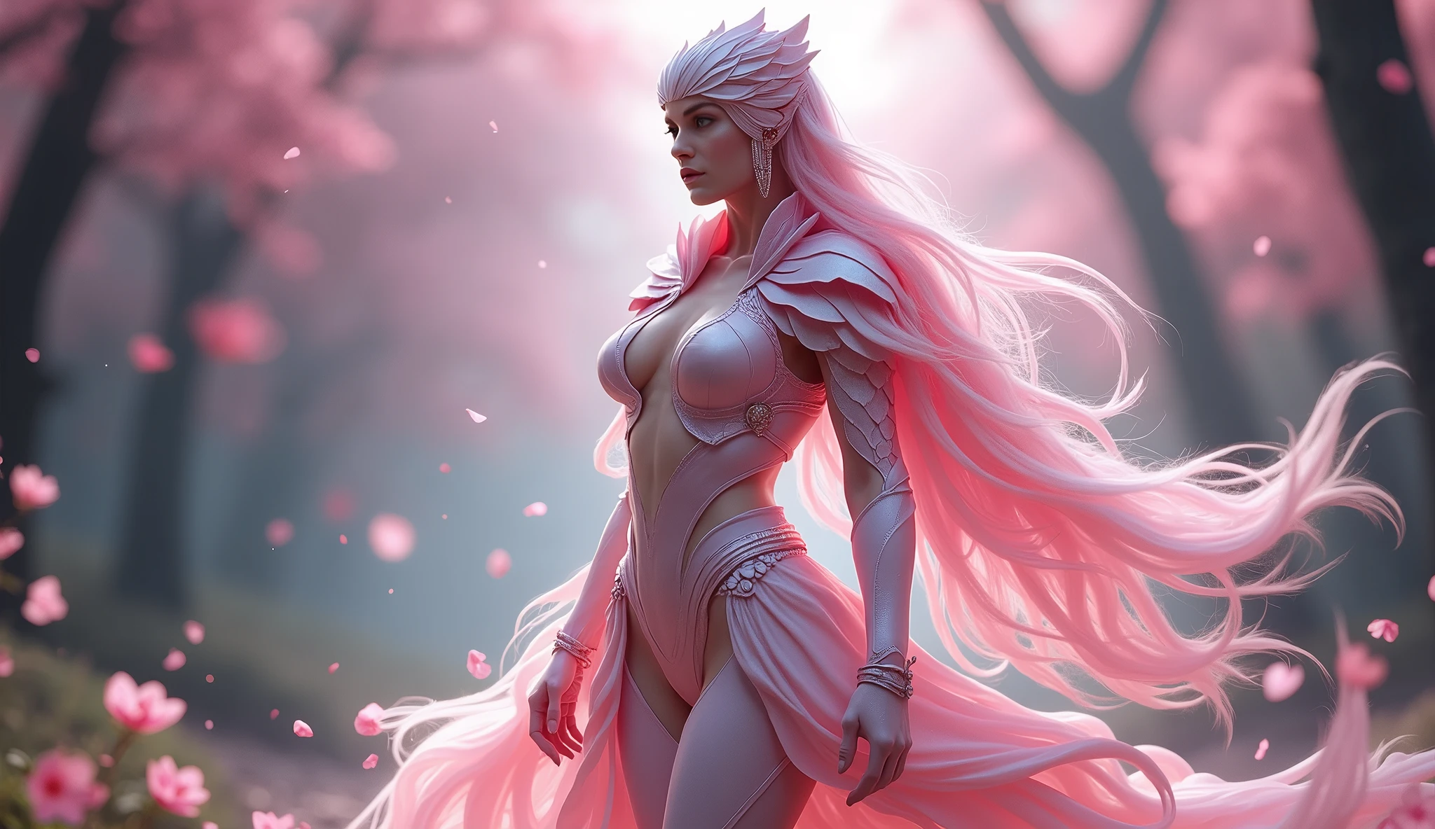 A tall, elegant Sakuriana warrior woman, clad in a unique armor that showcases both her beauty and extraordinary abilities. The armor is lightweight, crafted from petal-like material that's 100 times stronger than diamond, yet it appears delicate and organic. It features a shimmering pink and white color scheme, reminiscent of natural Sakura petals. The chest plate and shoulder guards are intricately adorned with floral patterns resembling blooming Sakura flowers. The sleek helmet has a visor shaped like overlapping petals, while the entire armor has a flexible, almost fluid-like appearance. Glowing veins of energy run through the armor, highlighting the warrior's regenerative and powerful nature. The background is a mystical forest, with Sakura petals falling around the warrior, enhancing her aura of sensuality and strength.