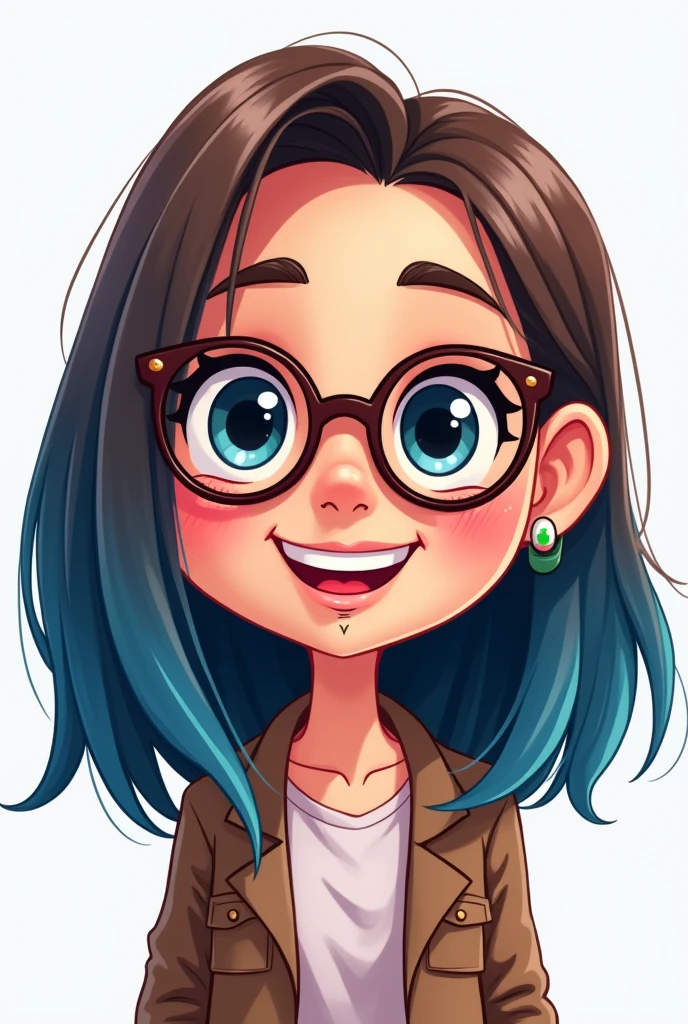 Cartoon of a financial management student wearing glasses has straight hair IN TWO COLORS brown and blue, has the septum piercing, He is smiling