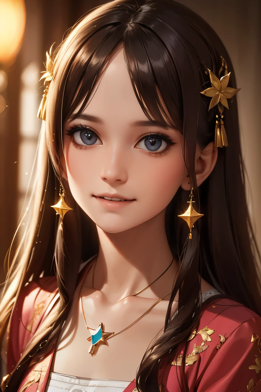 best quality, masterpiece, highres, 1girl,blush,(seductive smile:0.8),star-shaped pupils,china hanfu,hair ornament,necklace, jewelry,Beautiful face,upon_body, tyndall effect,photorealistic, dark studio, rim lighting, two tone lighting,(high detailed skin:1.2), 8k uhd, dslr, soft lighting, high quality, volumetric lighting, candid, Photograph, high resolution, 4k, 8k, Bokeh