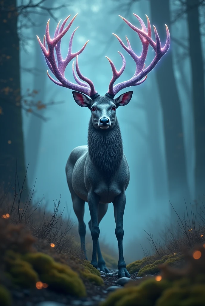 [Subject: A majestic deer with surreal, fantastical antlers that extend and twist into intricate, otherworldly shapes, glowing with a supernatural light. The deer's fur shimmers with extra-natural colors that shift subtly, giving it an ethereal, slightly psychedelic appearance. Image Type: Ultra-realistic photography with a fantasy and surreal twist. Art Styles: Surrealism, Fantasy Realism, Psychedelic Art. Environment: Misty, enchanted forest with ancient trees and a soft, glowing light filtering through the fog, illuminating the deer and its supernatural features. Camera: Low-angle shot to emphasize the grandeur of the deer, with a shallow depth of field to slightly blur the background. Lighting: Soft, diffused lighting with a mystical glow around the deer, highlighting its surreal antlers and shimmering fur. Render: 8K resolution, hyper-detailed textures with a supernatural glow, ultra-sharp details in the deer’s fur and antlers. Inspirations: Salvador Dali, Arthur Rackham, Alex Grey.]
