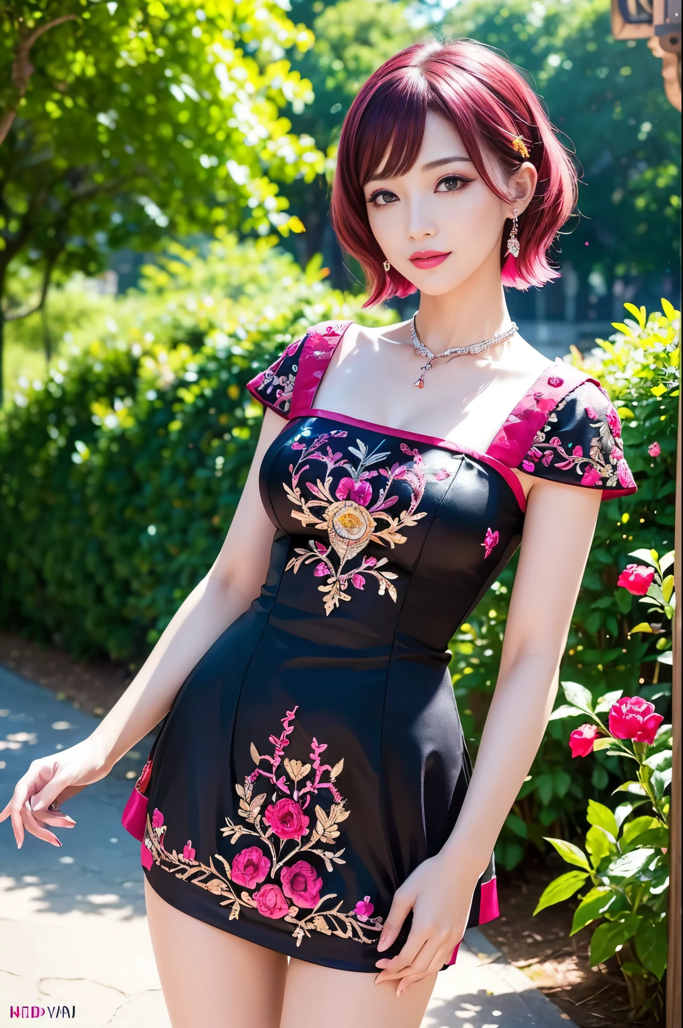 (masterpiece:1.4), (best quality:1.4), ultra high res, ultra high resolution, ((detailed facial features)), HDR, (realistic, photorealistic, photo-realistic:1.37), full body Esbian, sexy Vietnamese model, (-anime), vivid colors, ((vivid colors multicolor (red, pink) very short hair)), (happy smile), lip-gloss, long lashes, ultra detailed metallic makeup, defined eyebrows, wearing large sparkling colorful jewelery, wearing a red silk Paradise Kiss cosplay dress with black floral embroidery, ((vivid colors outfit)), vivid colors, look at the camera, cinematic light, large park background with trees, sweet and sexy pose