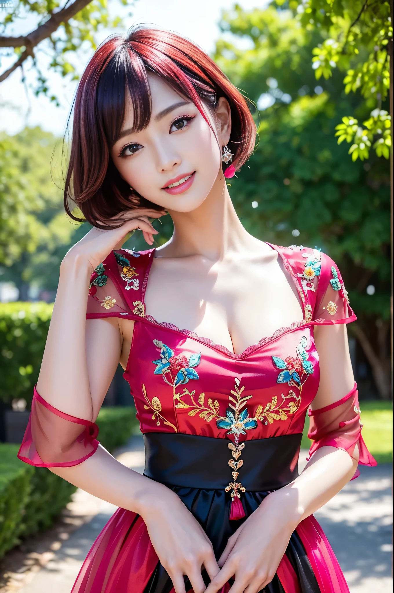 (masterpiece:1.4), (best quality:1.4), ultra high res, ultra high resolution, ((detailed facial features)), HDR, (realistic, photorealistic, photo-realistic:1.37), full body Esbian, sexy Vietnamese model, (-anime), vivid colors, ((vivid colors multicolor (red, pink) very short hair)), (happy smile), lip-gloss, long lashes, ultra detailed metallic makeup, defined eyebrows, wearing large sparkling colorful jewelery, wearing a red silk Paradise Kiss cosplay dress with black floral embroidery, ((vivid colors outfit)), vivid colors, look at the camera, cinematic light, large park background with trees, sweet and sexy pose