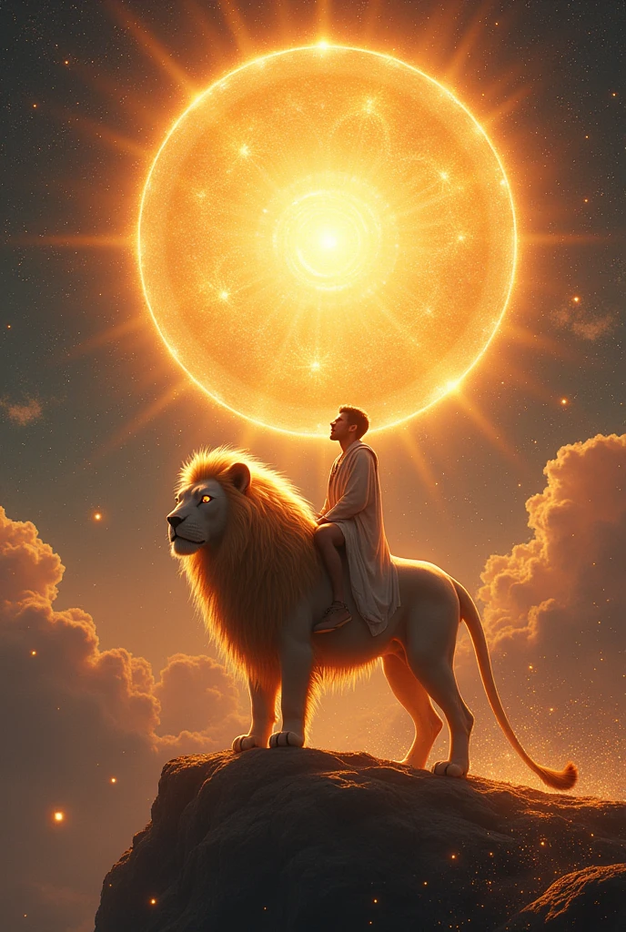 a man riding a star lion watching the sun