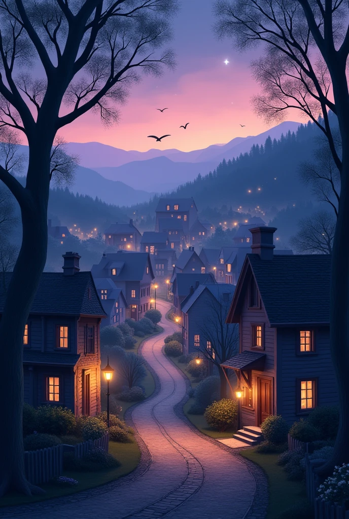 picturesque view of the town of Elmwood at twilight, giving a sense of the setting and the quiet, mysterious atmosphere of the story.