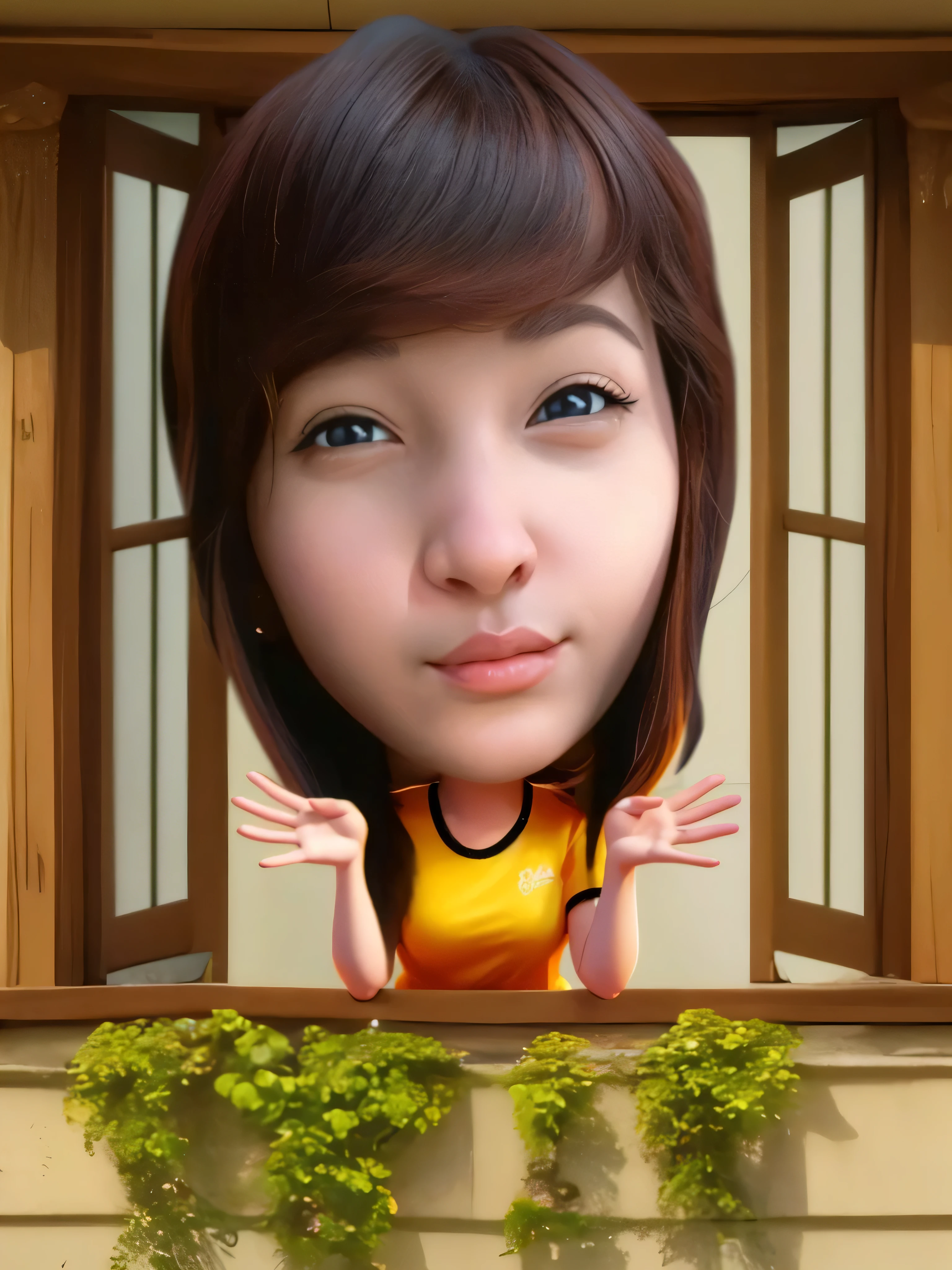 a close up of a woman of a window, 3d portrait, 3 d cacartoon portrait, Beautiful haired woman. Pouting lips want to kiss, digital art cartoon, photorealistic!!!!!!! art style, cartoon digital art, cartoon digital painting, realistic cartoon, caricature illustration, realistic portrait photo, 3 d artist, realism artstyle, digital cartoon painting art, realistic 3d, cartoon artstyle, cartoon digital painting, cartoon illustration, 3D render, 3D Cartoon, big head, cartoonish look, high resolution, super detail, soft lighting