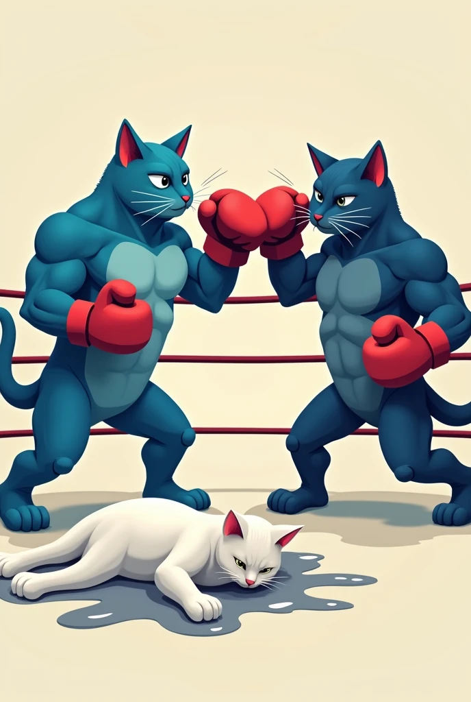 Let there be two muscular cats wearing boxing gloves, one blue and one white, and let the white one lie on the floor and dribble on the floor.