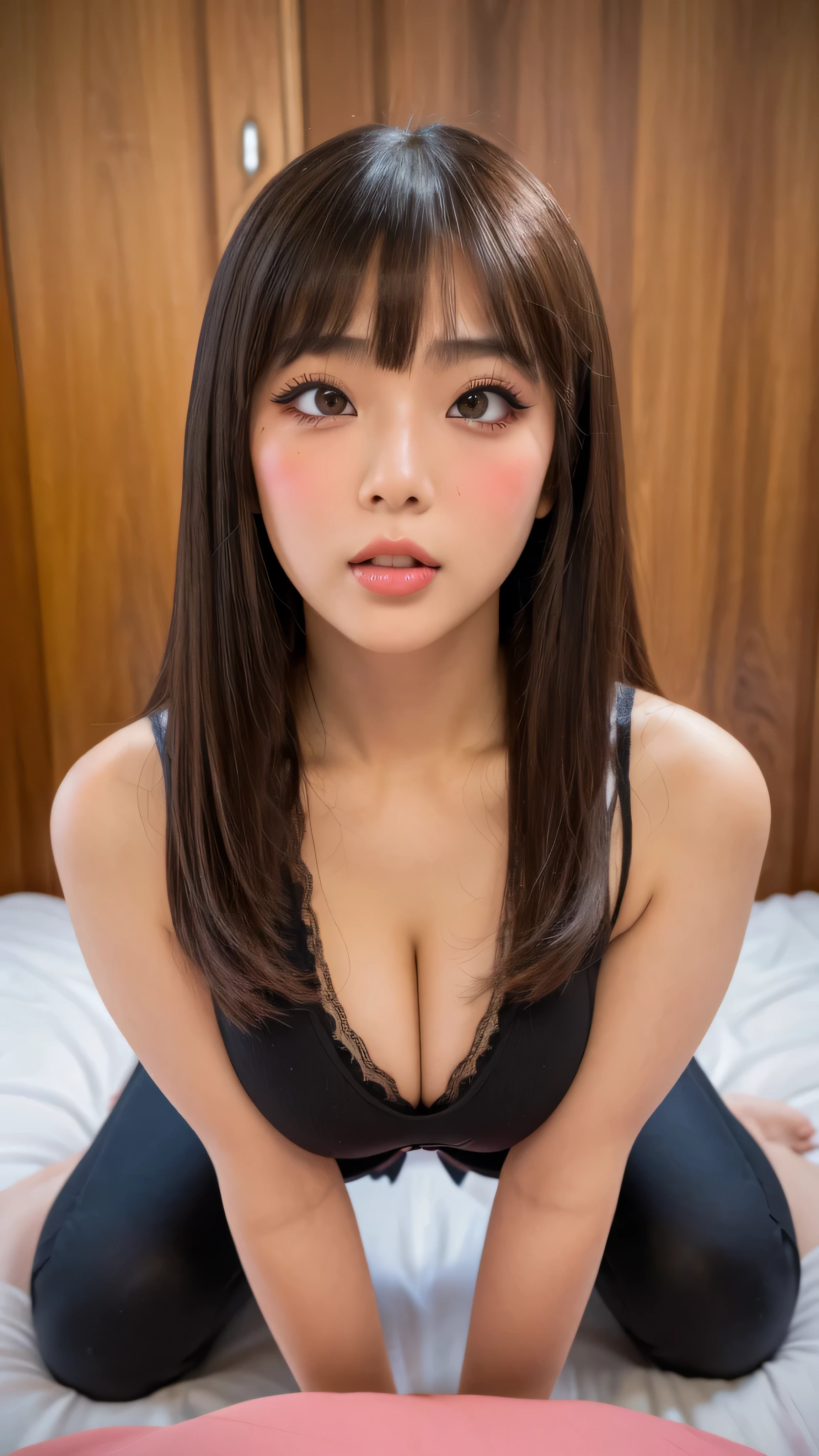 ((Best Quality, 8K, Masterpiece: 1.3, ultra-high resolution: 1.3)), Upper Body (1.3), Colossal (5), Outstanding Style, Gentle Face, young girl 20 years old, asian baby face, puffed up chin, Parallel Eyebrows, great smile, perfect teeth, (happy to see you: 1.6), cute make up, sports bra that emphasize natural perfect cleavage, big breasts: 1.3, amazing breast enhancement, deep long cleavage, refresh, (blushing hard:1.3), (artistic orange eye makeup), perfect e-girl long strong winged eyeliner: 1.7, double eyelid, full red colored lips, thin eyebrows, blushing hard, cute red cheeks, really fine round sparkling eyes, Soft skin, perfect flawless photorealism, eye contact, perfect body, (extremely detailed cleavage: 1.4), attractive girl, gorgeous young appearance, submissive gaze, teasing you, wants your cum, surprised, (jaw drop:1.3), skin details, sexy arms, lovely girl, beautiful eyes, real face, real skin, real face, mouth open tongue out, sharp focus on breasts, sexy black yoga pants, ambient dim front lighting, looking at you from below, cum on breasts, presents herself with confidence, desperate look, on her knees, bending down displaying cleavage, nice ass shape, close up, breasts covered in cum, eye contact at the peak of sexual excitement, long straight hair, lovey dovey expression, chubby face
