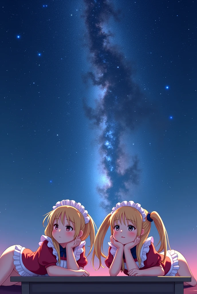 ((((2 girls)))),( high quality , Ultra Detailed ),,(On the table),,(Long blond hair with twin ponytails),（(Red and white maid outfit)）,(Cute 3D anime girl rendering),Ultra-fine face, Perfect face and beautiful perfect face,,((((抬头仰望Sky)))),,,((Supine)),(((whole body))),(((Bare legs))),(((Far corner))),((((Milky Way)))),(((Sky))),((Starry Sky))