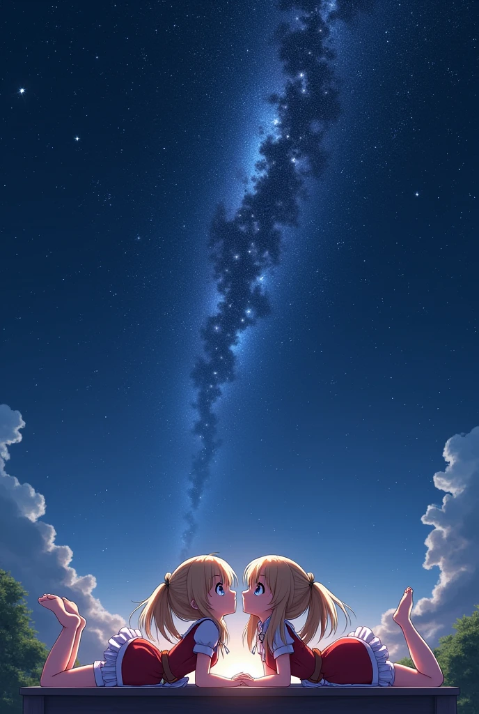 ((((2 girls)))),( high quality , Ultra Detailed ),,(On the table),,(Long blond hair with twin ponytails),（(Red and white maid outfit)）,(Cute 3D anime girl rendering),Ultra-fine face, Perfect face and beautiful perfect face,,((((抬头仰望Sky)))),,,((Supine)),(((whole body))),(((Bare legs))),(((Far corner))),((((Milky Way)))),(((Sky))),((Starry Sky))
