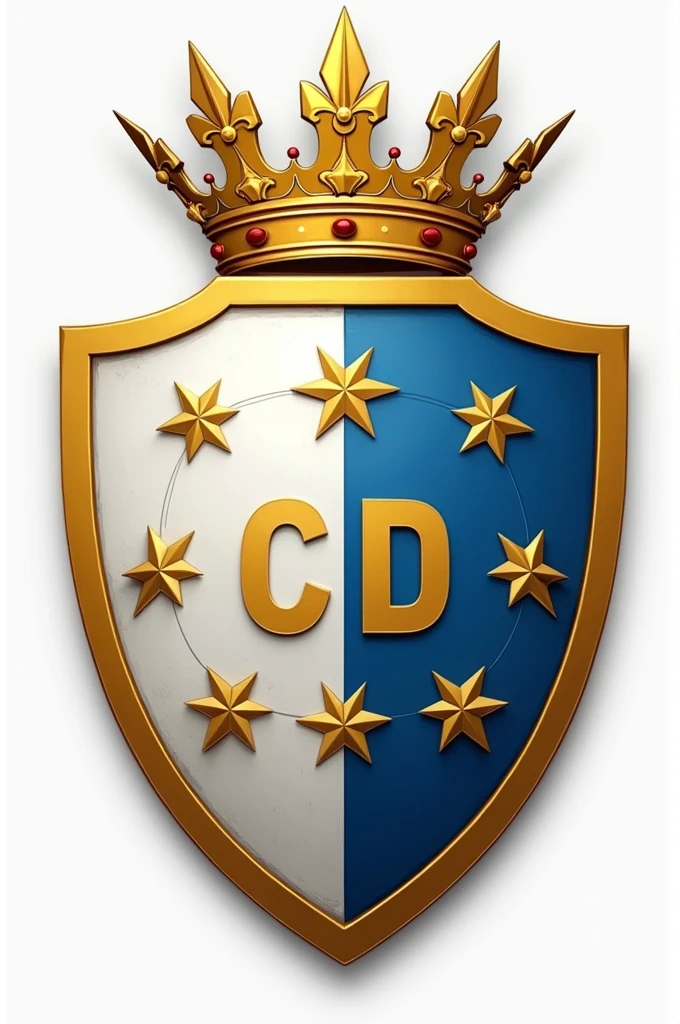 Create a shield with the colors white, Gold and blue on a side stripe and the name CD MADRID and a crown
