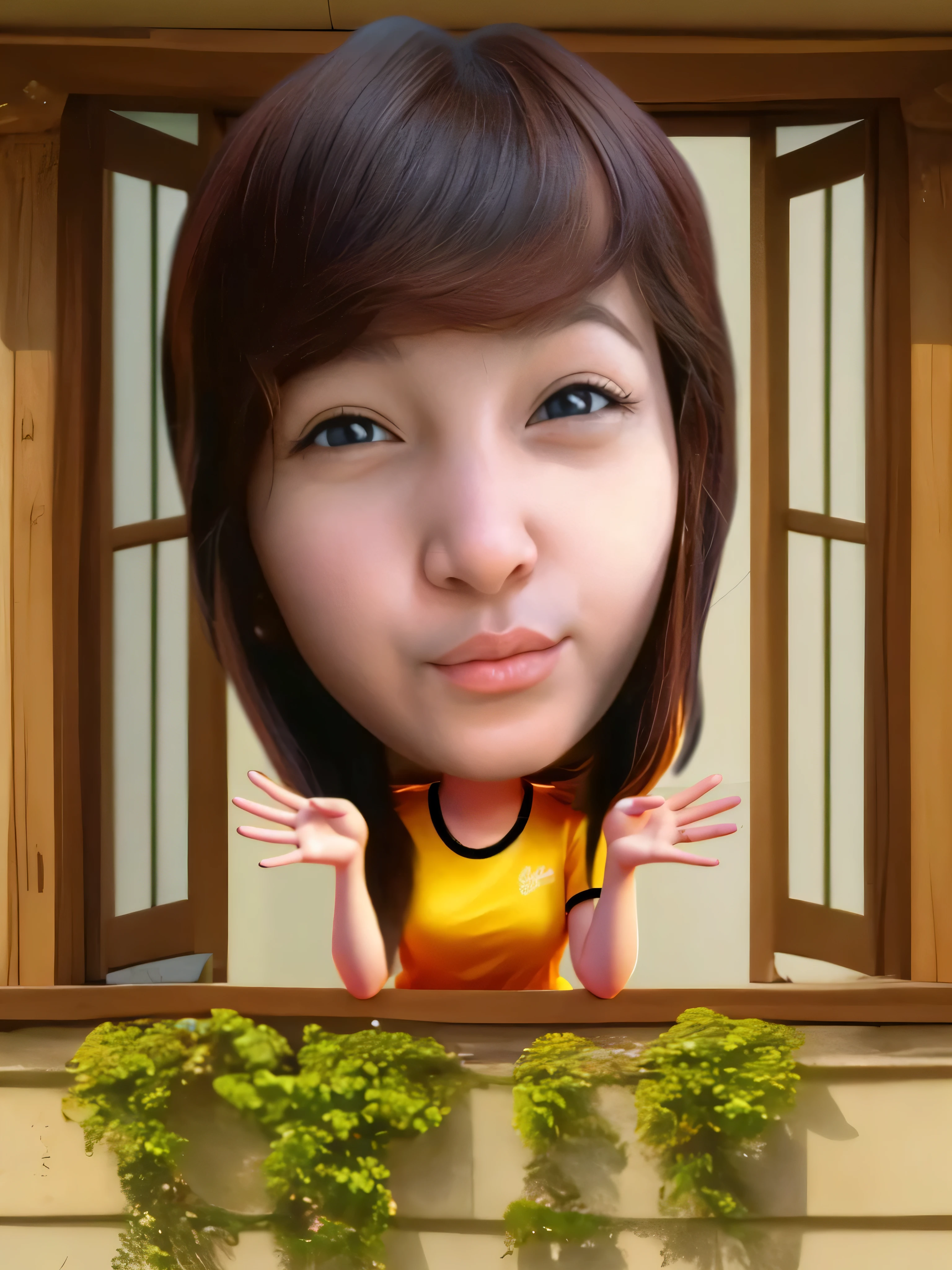 a close up of a woman of a window, 3d portrait, 3 d cacartoon portrait, Beautiful haired woman. Pouting lips want to kiss, digital art cartoon, photorealistic!!!!!!! art style, cartoon digital art, cartoon digital painting, realistic cartoon, caricature illustration, realistic portrait photo, 3 d artist, realism artstyle, digital cartoon painting art, realistic 3d, cartoon artstyle, cartoon digital painting, cartoon illustration, 3D render, 3D Cartoon, big head, cartoonish look, high resolution, super detail, soft lighting