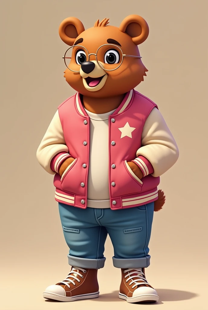 I want a bear who would symbolize a person. This is a brown bear. They wear a pink varsity jacket with no logos on it. The accents of the jacket are cream colored which would include the collar wrists and waist of the jacket. On top of that the brown bear wears thin golden frame glasses. For pants they wear just a normal pair of blue jeans except the ankle is rolled up a little bit yet I do not want to see the ankle just the shoes and rolled up pants. The shoes are high top all star converse with white tips and white bottoms and white laces but brownish tan everywhere else. I want it to be a 2d pixel animation like I want it to be a cartoon. Like vert cartoons no 3d rendering at all