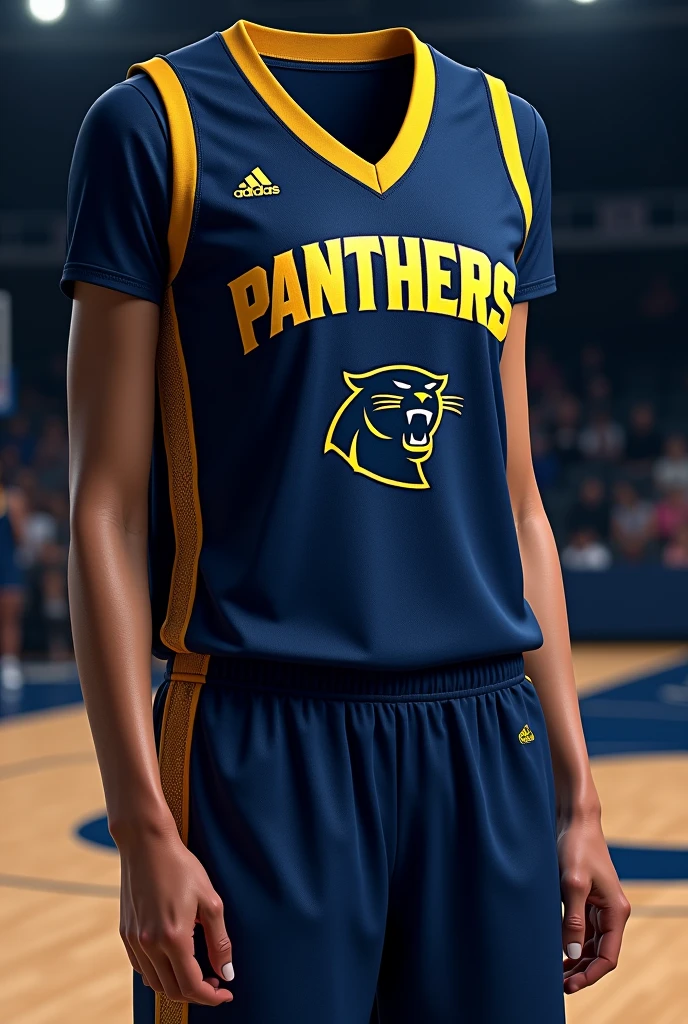 Navy blue women&#39;s basketball uniform that says PANTHERS and has a panther logo, that it looks powerful and not simple that it has details of another color, gold