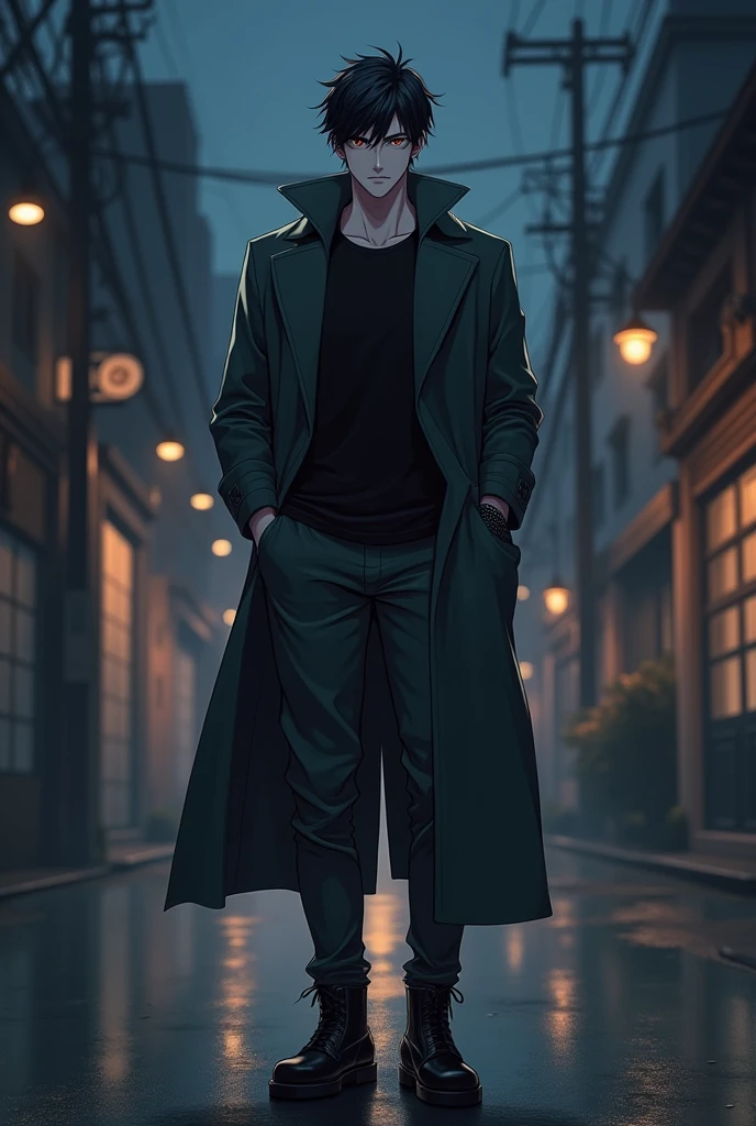 make this art in anime style. naughty man, white-skinned, with 1,75 m high, brawny. He has short, slightly messy black hair., dark brown eyes and a serious expression, but confident. He is wearing black gloves that give a mysterious touch, matching your style. Wears dark gray military pants, slightly fitted to the body, that falls softly over well-polished black leather boots, black t-shirt a white headband tied around the head. The highlight of the look is a long, dark overcoat., with a perfect fit, reaching almost to the knees. The fabric of the coat has a modern touch, with a light wool texture, contrasting with the discreet metal buckles on the boots. He's in an upright pose, with one hand in the coat pocket and the other holding the gloves in a relaxed movement. The background could be an urban street at night., illuminated by streetlights, creating an air of mystery and urban style.