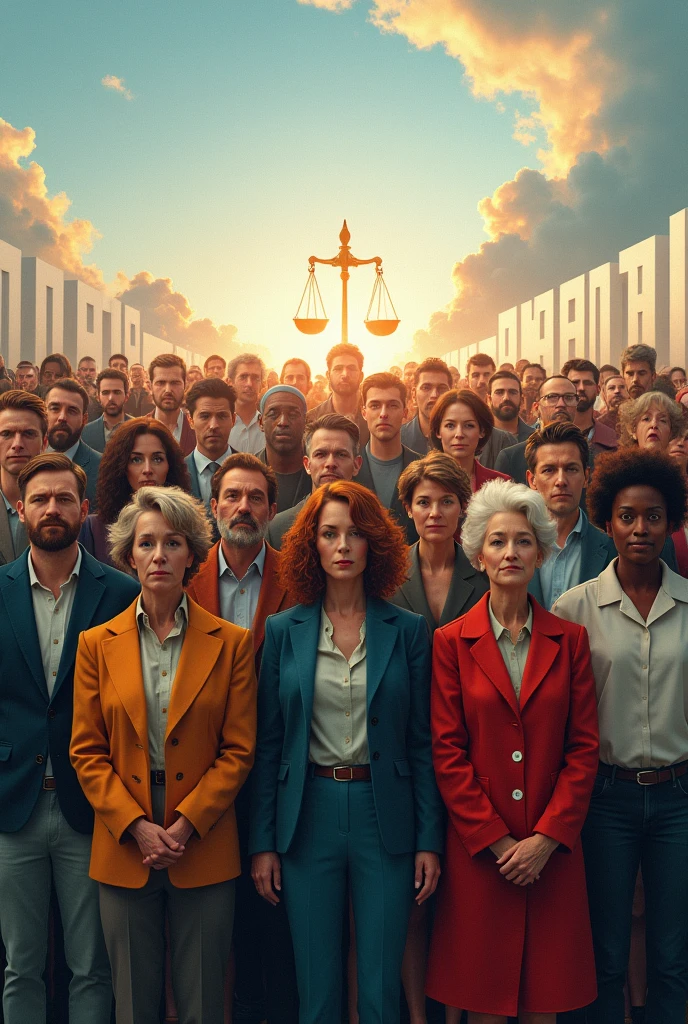 A diverse group of people of all ages, standing together, looking towards the horizon, with symbols of democracy such as ballot boxes and the scales of justice in the background