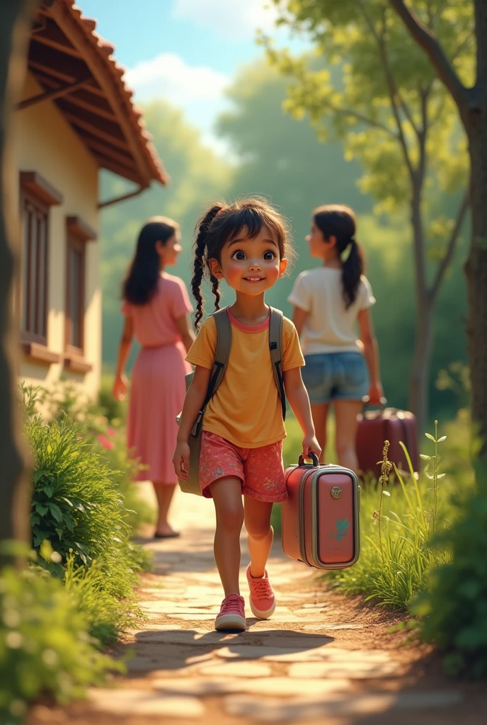 Make a picture of a young girl with her mothers arriving at their new house with meletas
