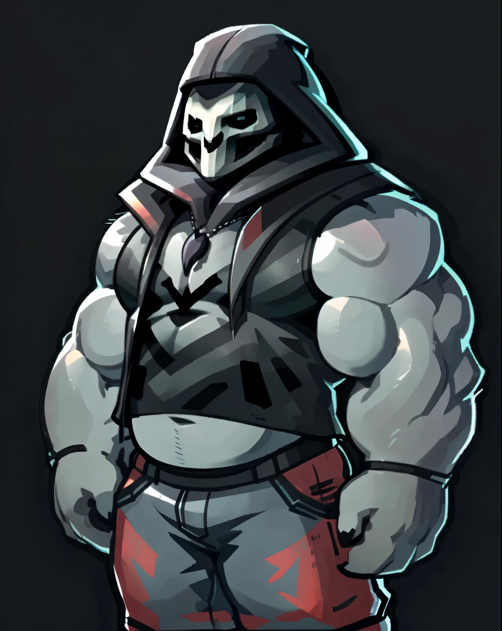 male robot humanoid, male, blue skin, pecs, (round fat gut:1.3), navel, pants, necklace, (grim reaper mask:1.7), (exposed midriff:1.3), tank top, sleeveless jacket, hooded, cyberpunk background, print style, (Artist:Takemoto Arashi), simple look