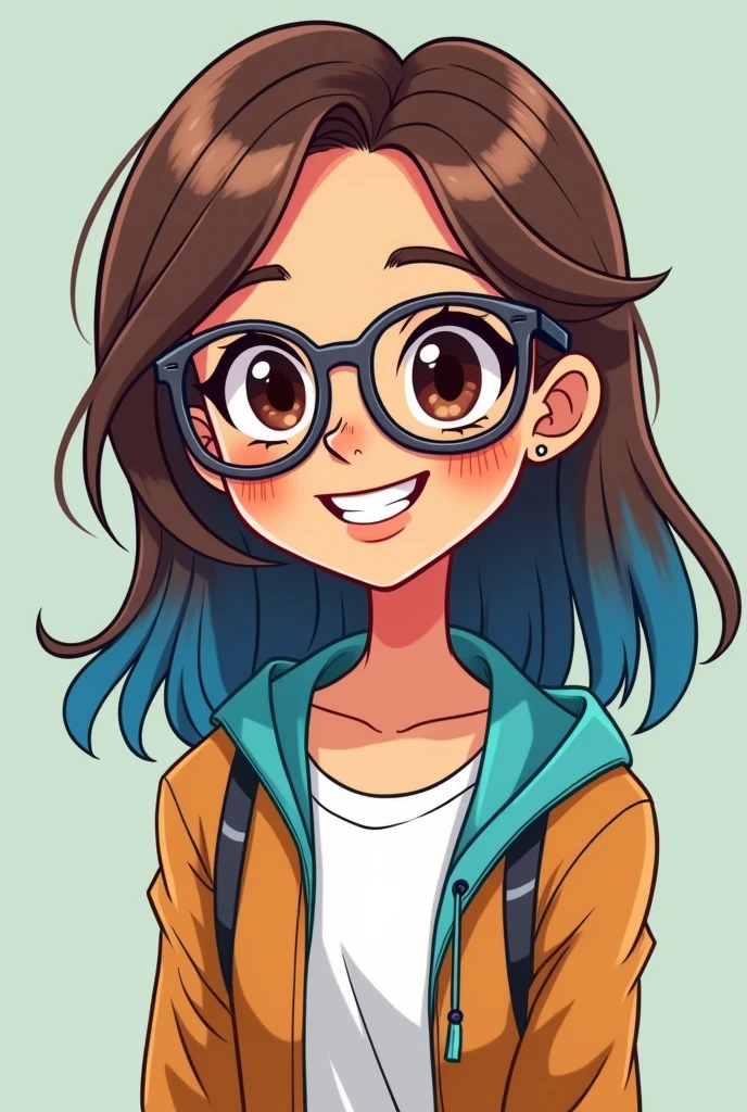 Cartoon of a financial management student wearing glasses has straight hair IN TWO COLORS brown and blue, has the septum piercing, He is smiling, Brown eyes