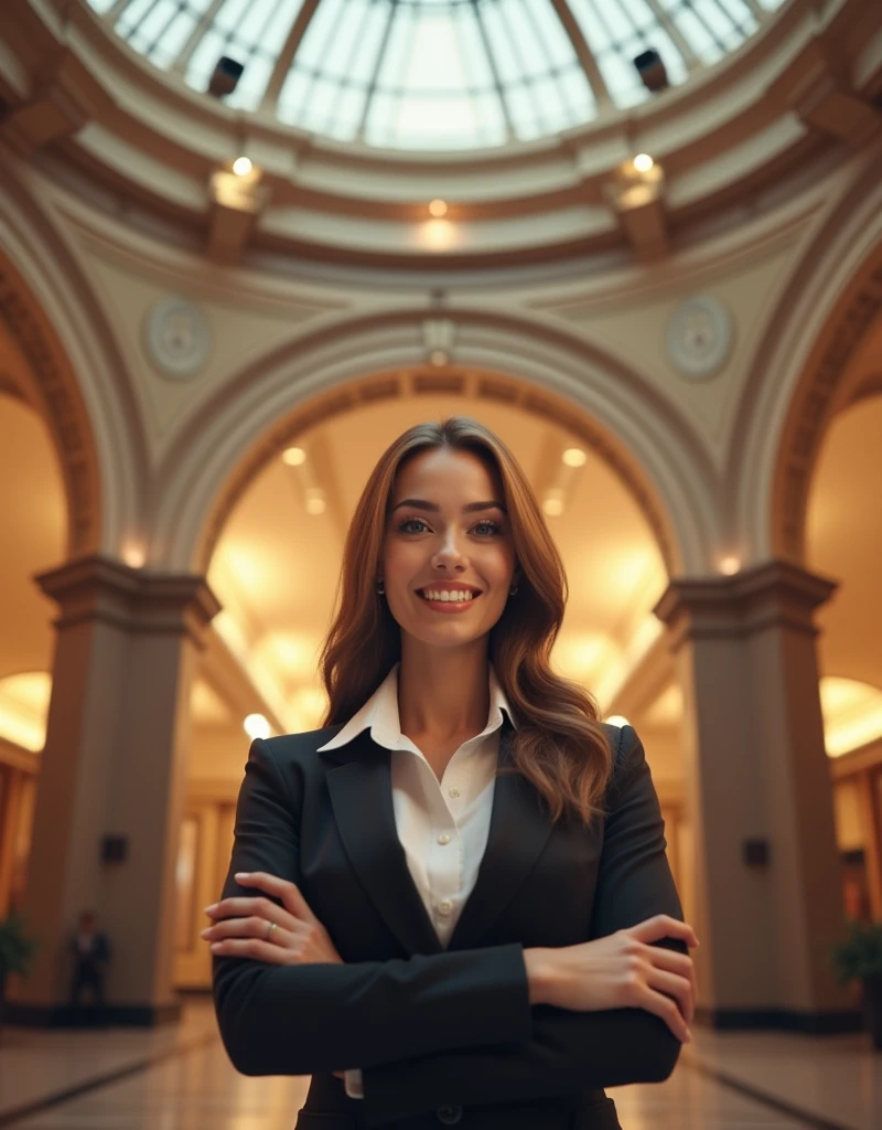 Create a high quality image of an attractive female receptionist in an elegant building with security cameras on the dome ceiling, There is a beautiful and elegant receptionist,  smile at the public