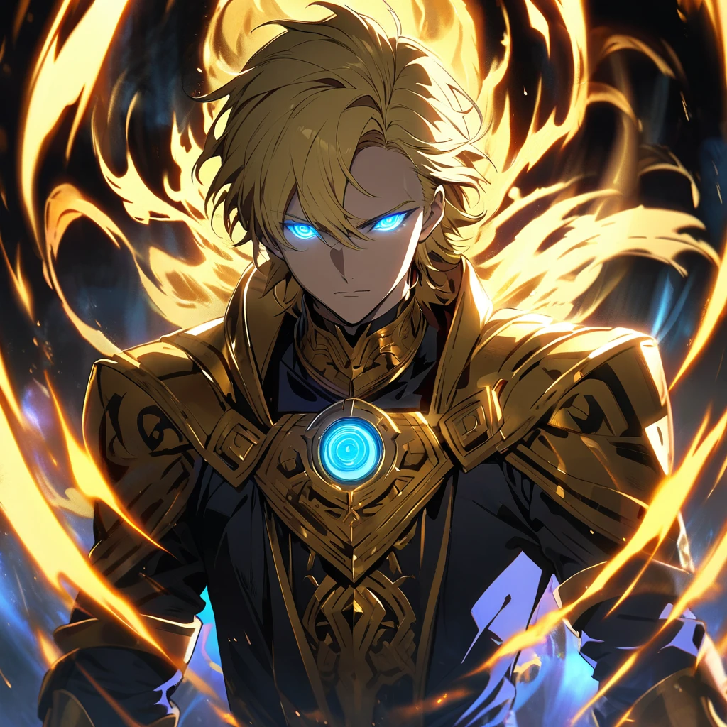 male, solo, handsome, blond hair, god, god eyes, glowing eyes, light, aura, holo, golden