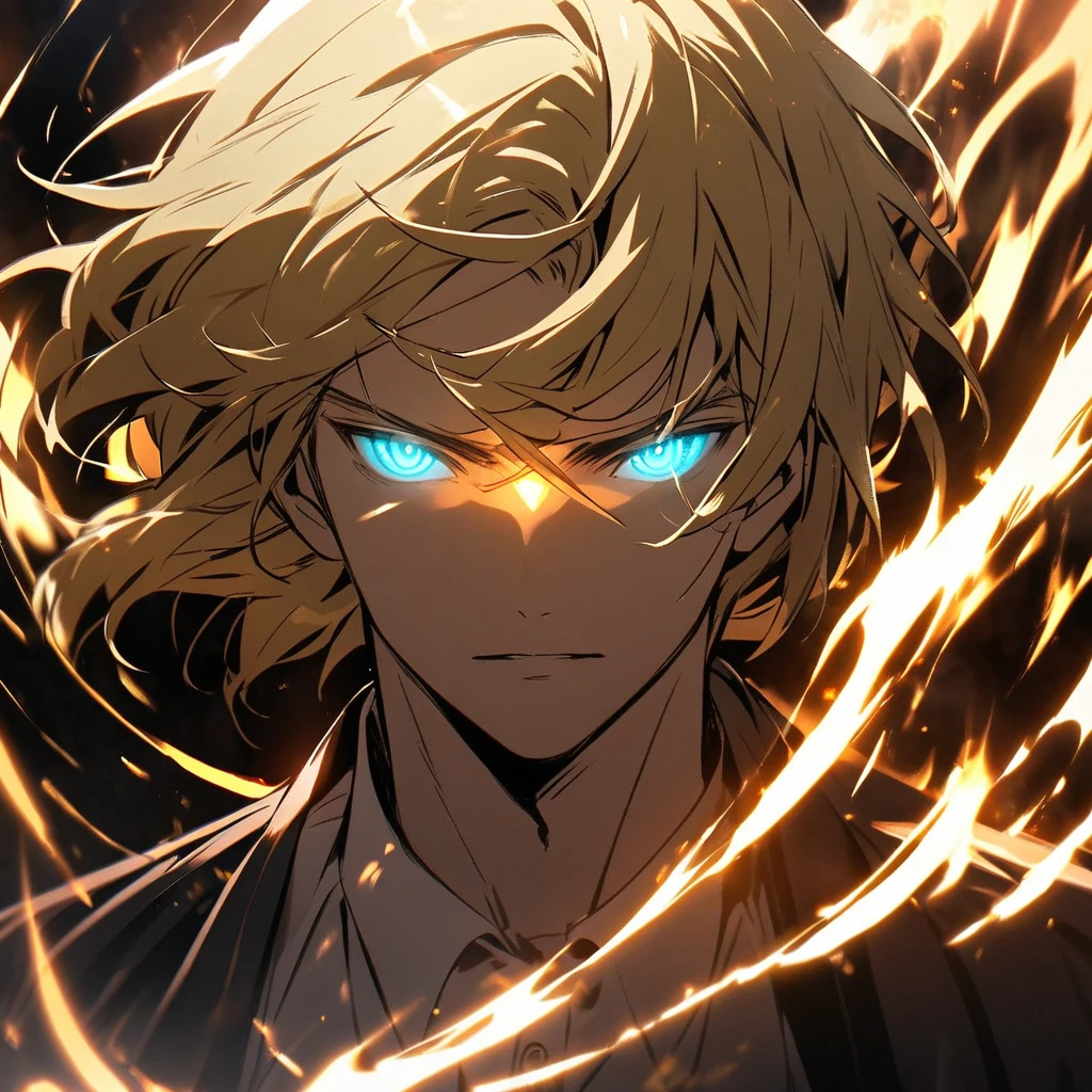 male, solo, handsome, blond hair, god, god eyes, glowing eyes, light, aura, holo, golden