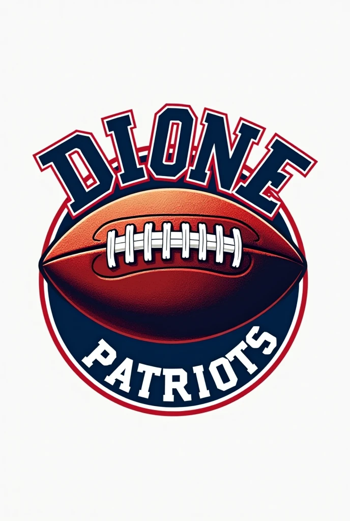 Create an American football logo with the oval ball design with the name Dione tean patriots round and medium size