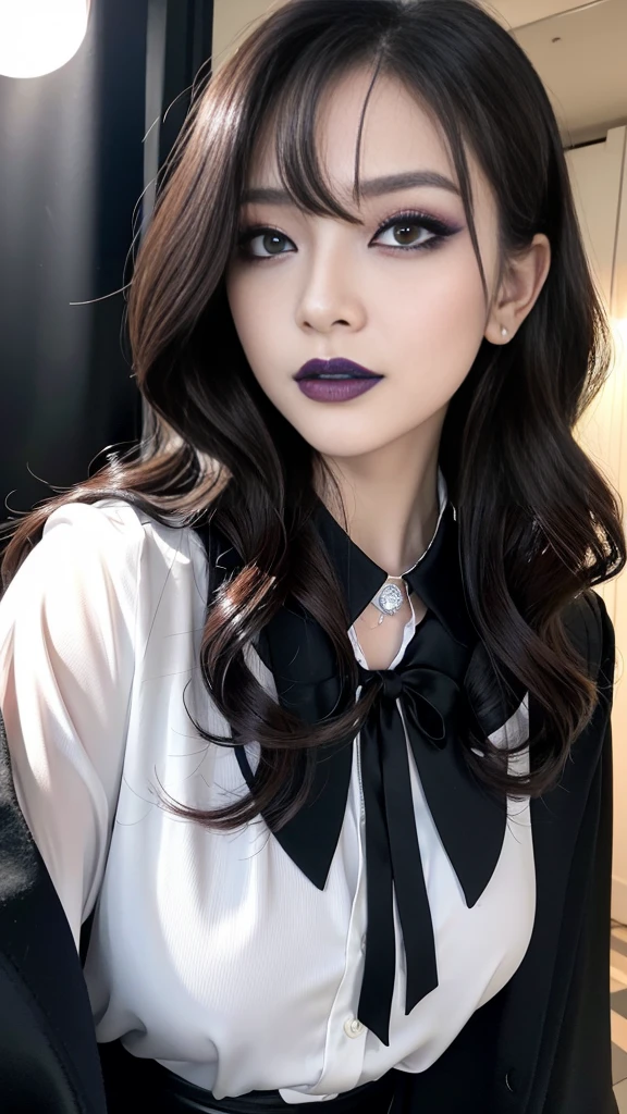 best quality、ultra-detailed、8k、Japanese、Seductive beauty、seductive adult woman、Pretty Woman、cool girl、smirk、Wicked Smile、Villainess、brainwash makeup、brainwash、Fallen into evil、Evil look、evil、Brown hair、wavy hair、swept bangs、dark makeup、piercing eyes、hollow eyes,half-closed eyes、Hollow Eyes、purple Eyeshadow、black lipstick、black lipglos、Purple Eyeshadow、black lipstick、black lip gloss、Dark Makeup、smirk、Whisper in my ear、business suit、black Jacket、white blouse、ribbon、flare skirt、night、inside darkroom、Kiss、I have lipstick、Are standing、Look、Offer、shoot from below