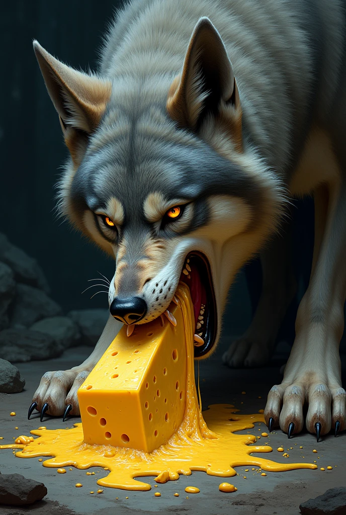Un loup qui mange un fromage et il vomit